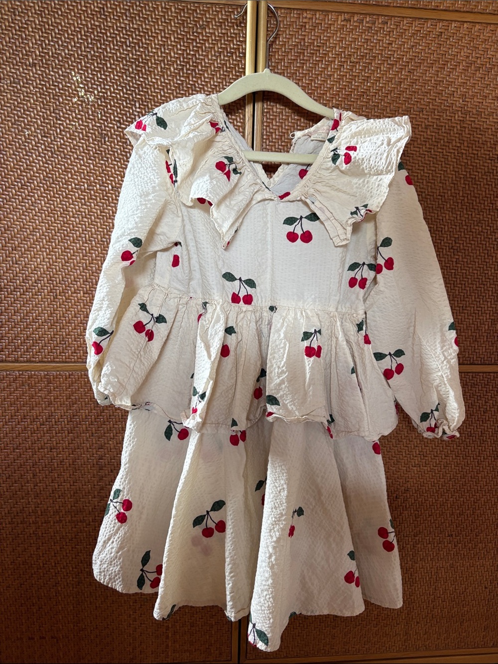 konges slojd Cream Cherry Print Ruffled Tiered Dress